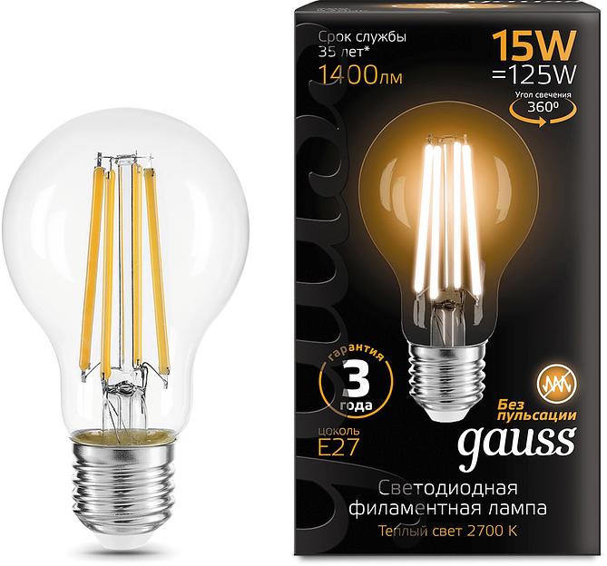 Лампа светодиодная Gauss Filament 102902115 15Вт цок.:E27 груша 220B св.свеч.бел.теп. (упак.:10шт) фото 1