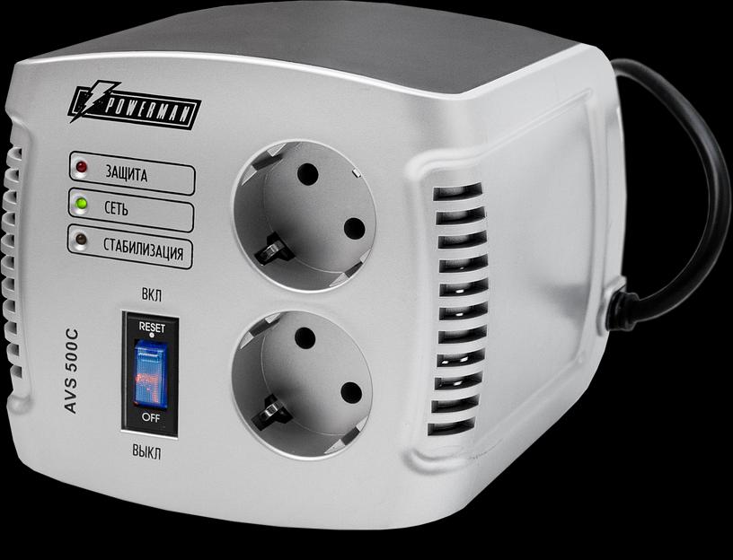 Стабилизатор POWERMAN AVS 500C, ступенчатый регулятор, 500ВА/280Вт, 150-280В, максимальный входной ток 4А, 2 евророзетки, IP-20, напольный, 151мм х 126мм х 123мм, 1.4 кг. POWERMAN AVS 500C (POWERMAN AVS 500 C) фото 1