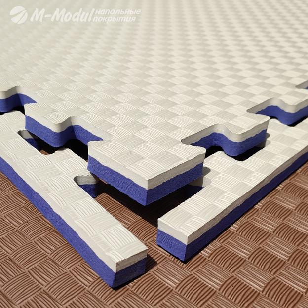 Мягкий модульный пол (будо-мат) двухсторонний 100x100 см, толщина 2 см, Цвет Бело-темносиний, Толщина модуля 20 мм. фото 1