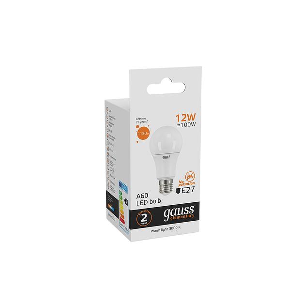 Лампа светодиодная Gauss Elementary A60 12Вт цок.:E27 груша 220B 3000K св.свеч.бел.теп. (упак.:1шт) (23212) фото 6