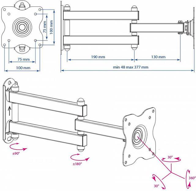 Кронштейн для телевизора Kromax DIX-15 черный 15"-28" макс.30кг настенный поворот и наклон фото 2