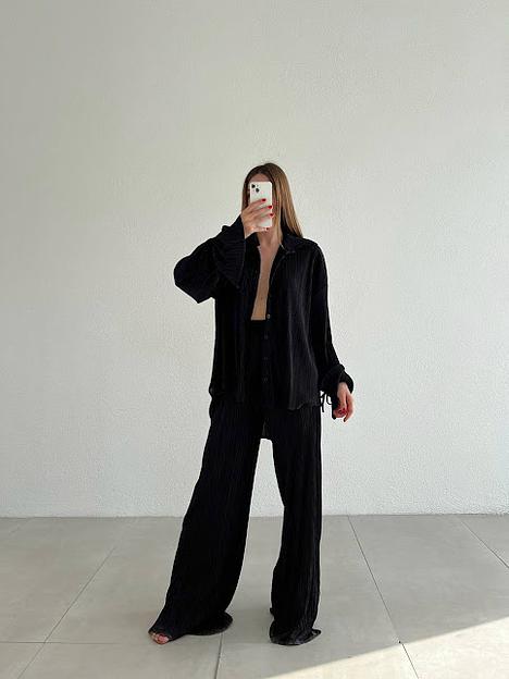 Женский турецкий костюм-пижама Seven плиссированный, чёрный ОПТ фото 1