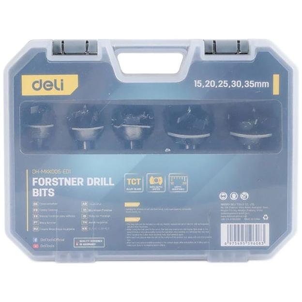 Набор оснастки Deli Набор сверл Форстнера 5 шт (15/20/25/30/35мм) Deli DH-MKK005-ED1 ограничитель глубины, пласт. кейс фото 4