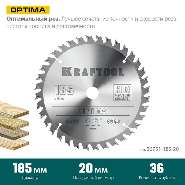 KRAFTOOL Optima, 185 х 20 мм, 36Т, пильный диск по дереву (36951-185-20) фото 3