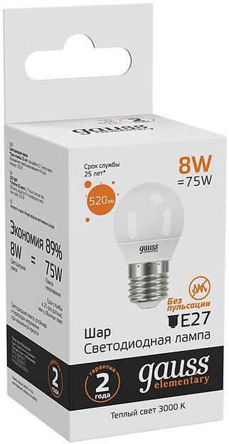 Лампа светодиодная Gauss Elementary 8Вт цок.:E27 шар 220B 3000K св.свеч.бел.теп. (упак.:10шт) (53218) фото 3
