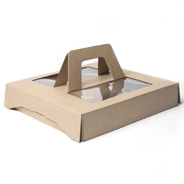 Коробка для торта 2 окна с ручками Крафт 31х31х6 см фото 1
