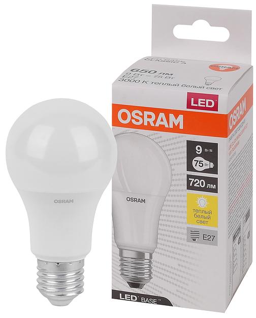 Лампа светодиодная LED Base Грушевидная 9 Вт (замена 75 Вт), 650Лм, 3000К, цоколь E27 OSRAM фото 1