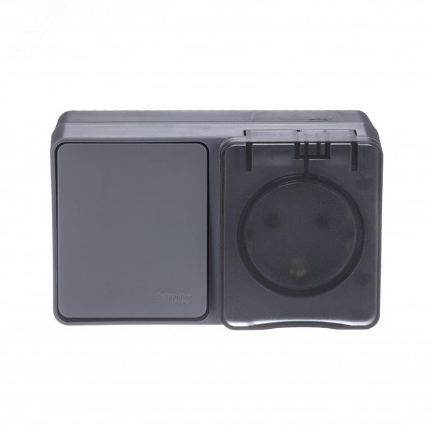 Systeme electric ATN544070 AtlasDesign Profi54 БЛОК: розетка с заземлением со шторками 16А 250B, выключатель одноклавишный IP54 10А, АНТРАЦИТ, Россия фото 1
