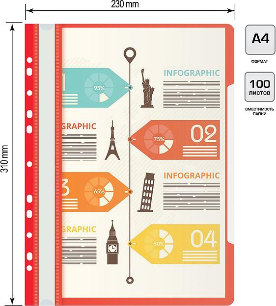 Папка-скоросшиватель Бюрократ PS-P20RED A4 прозрач.верх.лист боков.перф. пластик красный фото 4