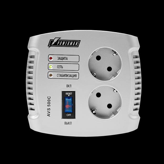 Стабилизатор POWERMAN AVS 500C, ступенчатый регулятор, 500ВА/280Вт, 150-280В, максимальный входной ток 4А, 2 евророзетки, IP-20, напольный, 151мм х 126мм х 123мм, 1.4 кг. POWERMAN AVS 500C (POWERMAN AVS 500 C) фото 2