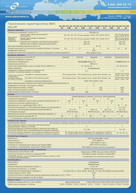 Источник бесперебойного питания 1000 ВА/1000 Вт (on-line, Iзу=12А, встроенная АБ 36В, Rack/Tower) ATS 1000 R-BE фото 2