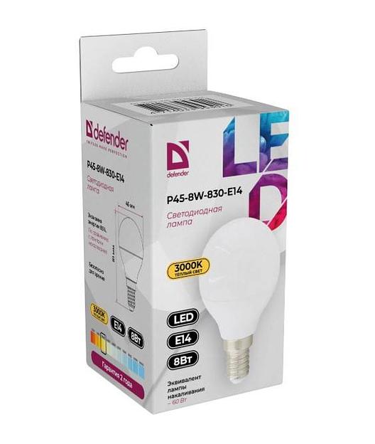 Defender Лампочка светодиодная P45-8W-830-E14 шар, 3000 К, теплый белый, 1 шт. фото 1