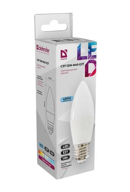 Defender Лампочка светодиодная C37-12W-840-E27 свеча, 4000 К, нейтральный белый, 1 шт фото 1