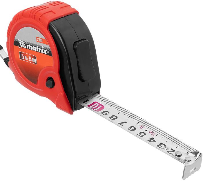 Рулетка строительная Matrix Rubber дл.полотна 7.5м изм.шкала в см зацеп простой красный/черный (31001) фото 3