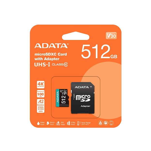 Флеш карта microSD 512GB A-DATA microSDXC Class 10 UHS-I U3 V30S A2 100/80 MB/s (SD адаптер) фото 1