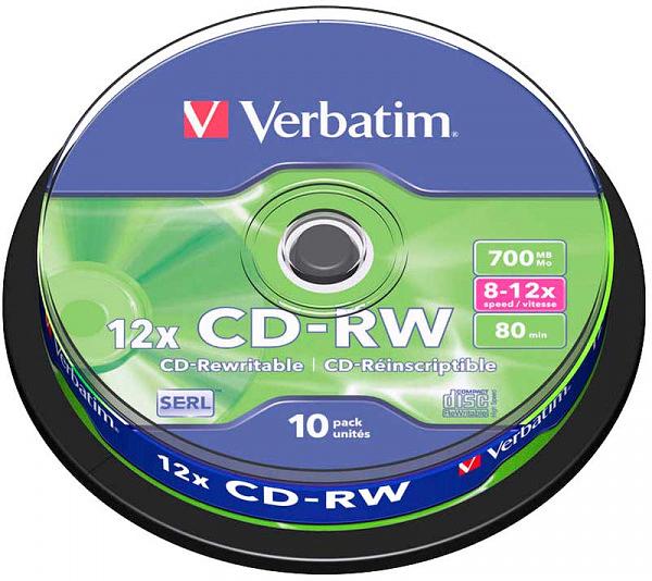 Диск CD-RW Verbatim 700Mb 12x Cake Box (1шт) (43480) фото 1