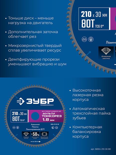 ЗУБР Мульти Тонкорез 210х30 x 1.8 мм, 80Т, диск пильный универсальный, тонкий рез, Профессионал (36934-210-30-80) фото 4