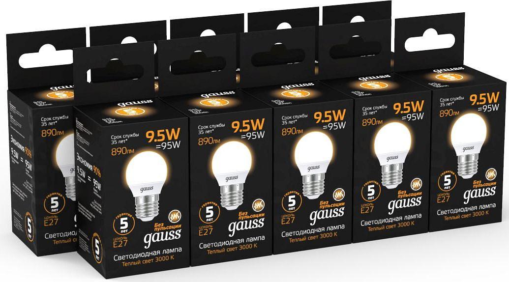Лампа светодиодная Gauss 9.5Вт цок.:E27 шар 220B 3000K св.свеч.бел.теп. P45 (упак.:1шт) (105102110) фото 3