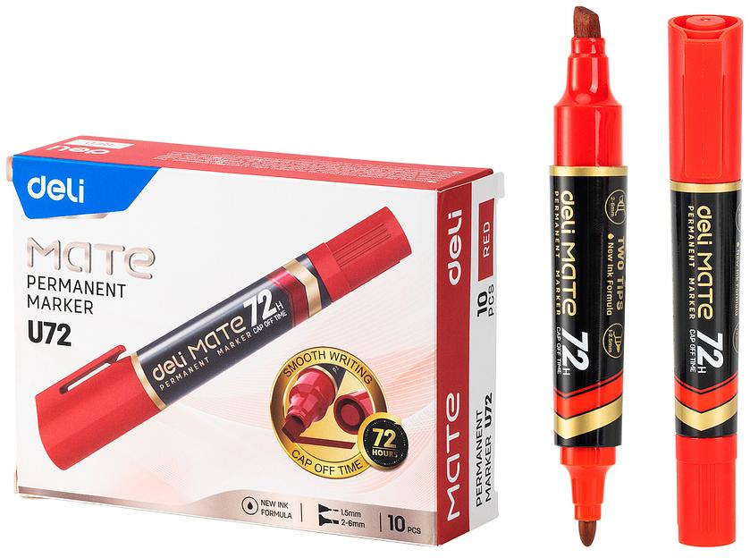 Маркер перманентный Deli EU72-RD двойной пиш. наконечник 1-5мм красный фото 1
