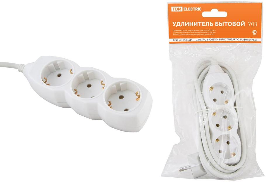 Удлинитель бытовой У03 3 гнезда, 3 метра, с заземлением, ПВС 3х1мм2 16А/250В TDM фото 1