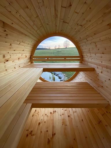 Barrel sauna "Exclusive-SV" panoramic window, spliced spruce фото 2