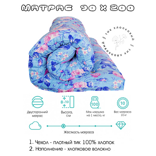 Матрас ватный хлопковый, беспружинный М-090 РСТ РСФСР 536-81 90х200 опт фото 1