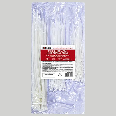 Ауыр нейлон галстуктар (қапсырмалар), 150 дана жиынтығы (2,5×100/150 мм; 3,6×200 мм), ақ, Sonnen, 607927, көтерме фото 1