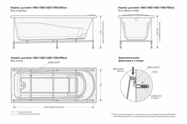 «Италия» акрил ваннасына арналған монтаждау пакеті (рама) 1700x700 мм, көтерме фото 2