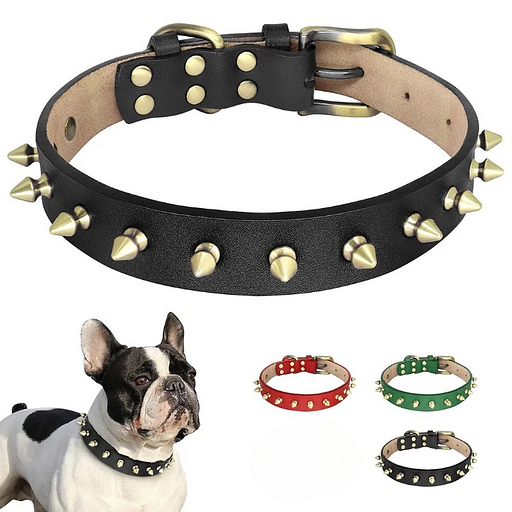 Ошейник из натуральной кожи с короткими острыми шипами в 1 ряд, подкладка фетр L ОПТ фото 1