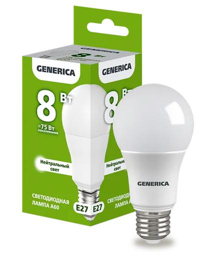 Лампа светодиодная A60 груша 8Вт 230В 4000К E27 GENERICA ОПТ фото 1