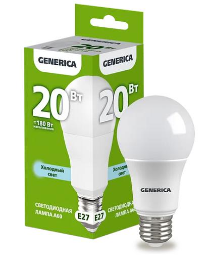 Лампа светодиодная A60 груша 20Вт 230В 6500К E27 GENERICA ОПТ фото 1