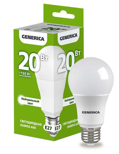 Лампа светодиодная A60 груша 20Вт 230В 4000К E27 GENERICA ОПТ фото 1