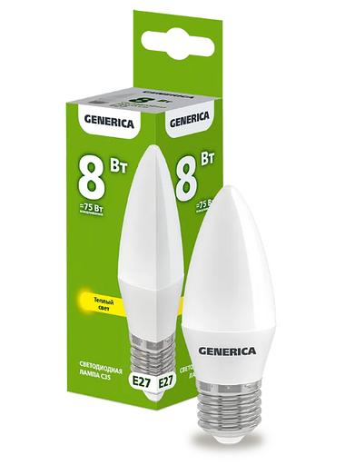 Лампа светодиодная C35 свеча 8Вт 230В 3000К E27 GENERICA ОПТ фото 1