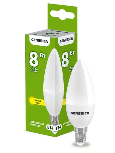 Лампа светодиодная C35 свеча 8Вт 230В 3000К E14 GENERICA ОПТ фото 1