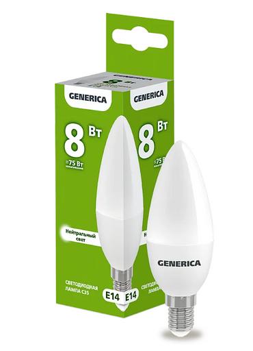 Лампа светодиодная C35 свеча 8Вт 230В 4000К E14 GENERICA ОПТ фото 1