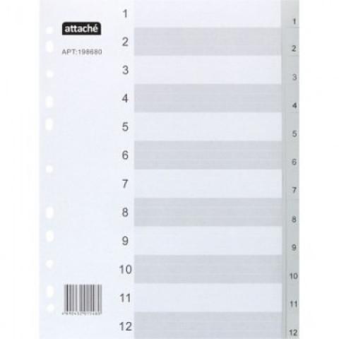 Разделители пластиковые А4, 1-12, серый, Attache фото 1