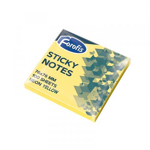 Клейкие листки 76х76мм, 80л., неоновый желтый, Forofis фото 1