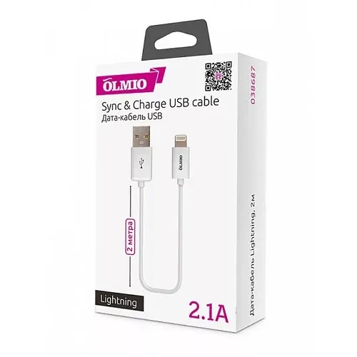 Кабель OLMIO USB 2.0 - Lightning 2м белый фото 1