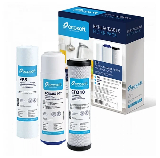 Комплект картриджей (фильтров) Ecosoft 1-2-3 для трехстадийных фильтров (полипропилен+ecomixD37+карб CMV3ECO фото 1