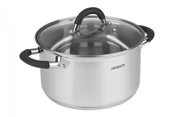 Кастрюля Ardesto Gemini Salerno стеклянная крышка 4.7 л серые ручки с силиконом нержавеющая сталь AR1947CS фото 1