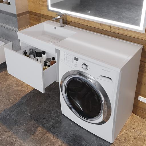 Тумба под стиральную машину с раковиной Uperwood Magenta 60/120 см, подвесная, белая, выдвижной ящик, левая фото 6