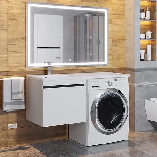 Тумба под стиральную машину с раковиной Uperwood Magenta 60/120 см, подвесная, белая/графит, выдвижной ящик, левая фото 4