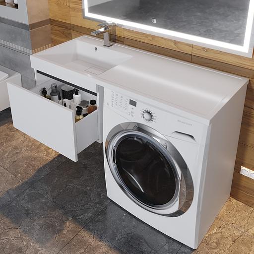 Тумба под стиральную машину с раковиной Uperwood Magenta 60/120 см, подвесная, белая/графит, выдвижной ящик, левая фото 6