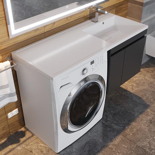 Тумба под стиральную машину с раковиной Uperwood Magenta 60/120 см, подвесная, черная, с дверцами, правая фото 6