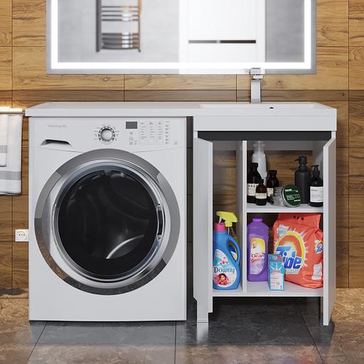 Тумба под стиральную машину с раковиной Uperwood Magenta 60/120 см, напольная, белая/графит, с дверцами, правая фото 4