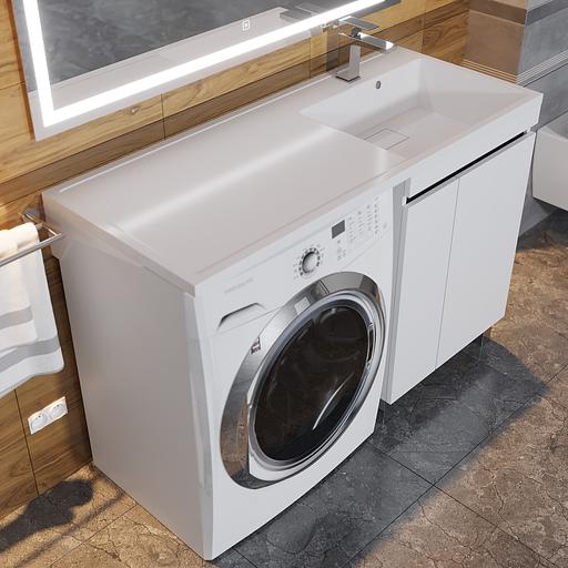 Тумба под стиральную машину с раковиной Uperwood Magenta 60/120 см, напольная, белая/графит, с дверцами, правая фото 5