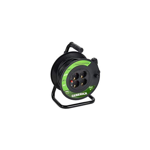 Удлинитель силовой IEK GENERICA УК20, розеток 4шт, 3x1.0 кв.мм, 10A, 20м, ПВС, катушка, черный [wkp10-10-04-20-g] фото 1