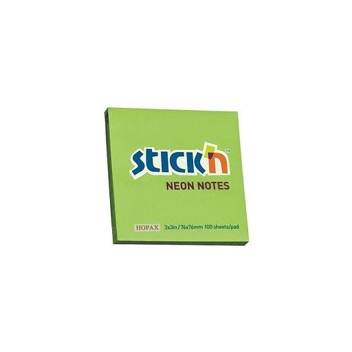 Блок самоклеящийся бумажный STICK`N 21167, 76x76, 100 л, неон, зеленый фото 1