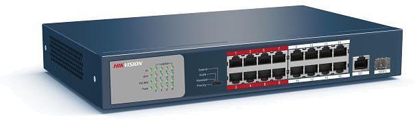 Неуправляемый коммутатор. 16 RJ45 100M PoE с грозозащитой 6кВ; 1 Uplink порт 1000М Ethernet; 1 Uplink порт 1000М SFP; бюджет PoE 130Вт; Порты 9-16 поддерживают режим передачи до 250м,10Мб/с, CAT5e Hikvision DS-3E0318P-E/M(B) фото 2
