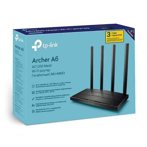 Роутер беспроводной TP-Link Archer A6 AC1350 10/100/1000BASE-TX черный фото 1
